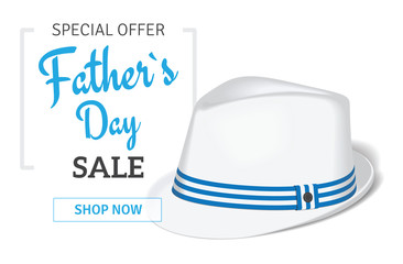 Happy father`s day special offer card shop now.  Fathers day sale calligraphic text with white hat