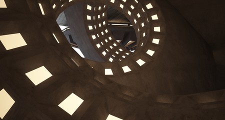 Obraz premium Abstract architectural concrete interior with discs. Neon lighting. 3D illustration and rendering.