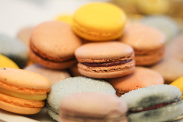 French macaroons cookies set with different flavors. Holidays food concept. Background formed with stacked colorful macarons stock photo. Sweets. Stock photo