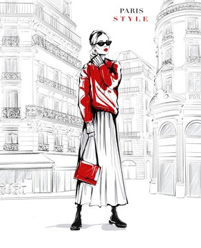 Hand drawn beautiful young woman in sunglasses. Fashion woman in red sweater. Girl in fashion clothes with Paris street background. Sketch. Fashion illustration.