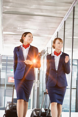 Portrait of attractive flight attendants walking with their suitcase in airport