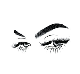 Sleek fashion illustration of the eye with luxe makeup and natural eyebrow. Hand drawn vector idea for business visit cards, templates, web, salon banners,brochures. Microblading visit card - obrazy, fototapety, plakaty