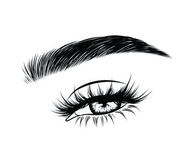 Sleek fashion illustration of the eye with luxe makeup and natural eyebrow. Hand drawn vector idea for business visit cards, templates, web, salon banners,brochures. Microblading visit card