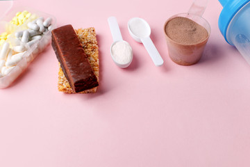 Fitness and healthy lifestyle Supplements - pills tablets, energetic bars, protein powder, cosein,...