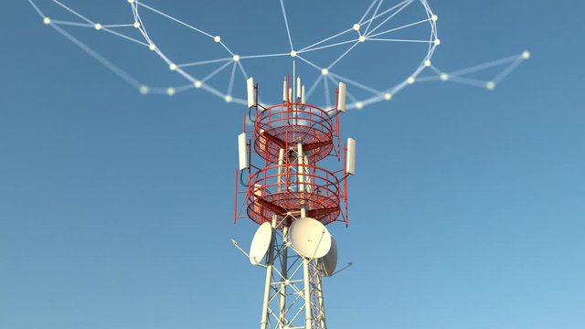 Telecommuncations cellular tower with some plexus graphics showing abstract connections between mobile phone network transmission and broadcast towers