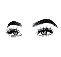 Sleek fashion illustration of the eye with luxe makeup and natural eyebrow. Hand drawn vector idea for business visit cards, templates, web, salon banners,brochures. Microblading visit card