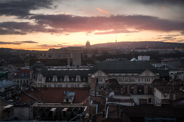sunset over the roofs of Budapest during winter