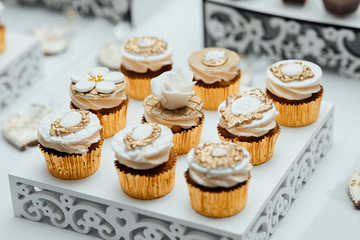 Candy bar on wedding ceremony with a lot of different candie. Delicious wedding desserts on catering table. Different desserts on the table.