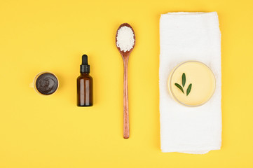 spa amenities. Protect clean and soft skin. Daily cosmetic product. Close Empty space for text or logo.