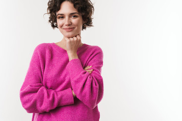 Image of happy caucasian woman smiling and looking at camera