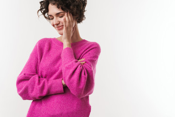 Image of happy caucasian woman smiling with eyes closed