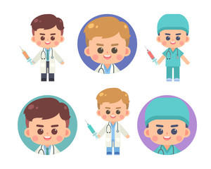 Obraz premium Set of cute doctor character design and avatar. Doctor with stethoscope holding syringe on white background. Flat vector cartoon illustration.