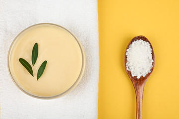 body care cream on the towel. Take care of clean and soft skin. Daily cosmetic product. Close Empty space for text or logo.