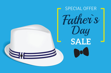 Happy father`s day special offer card.  Fathers day sale calligraphic with white hat.