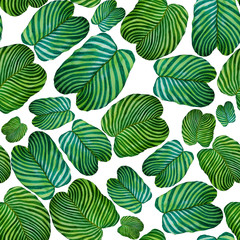 Fototapeta na wymiar Modern abstract seamless pattern with watercolor tropical leaves for textile design. Retro bright summer background. Jungle foliage illustration. Swimwear botanical design. Vintage exotic print.