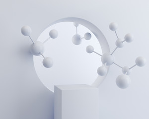 White cube box with molecule on white wall, display podium mockup background for cosmetic product stand, 3d rendering. - obrazy, fototapety, plakaty