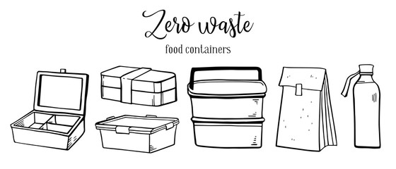 Set of different food containers, paper bag and glass bottle. Eco packages. Hand drawn outline vector sketch illustration
