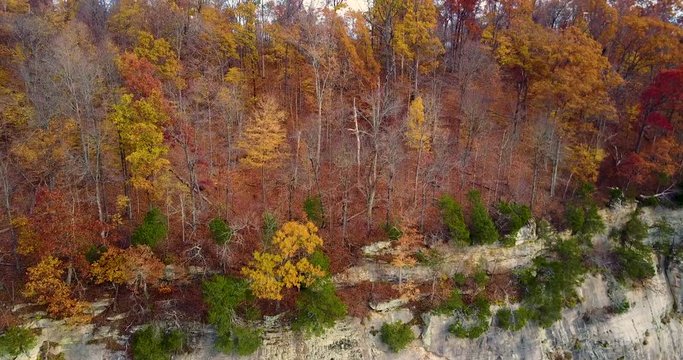 Stunning 4K drone shot above cliff and trees of National Forest Little Grand Canyon in Illinois during fall time