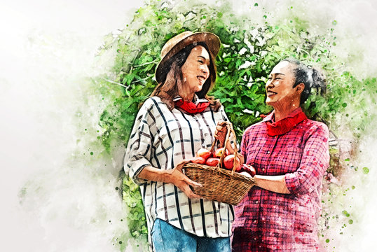 Abstract colorful Asia mother and daughter holding and eating apples fruit on watercolor illustration painting background.