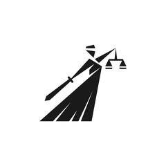 Abstract Themis Goddess Symbol. Geometric silhouette of a woman with scales in one hand and sword in other hand. Flat logo for law firm or legal services.