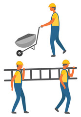 People working in team vector, workers with ladder and cart for materials transportation. Man wearing helmet and uniform. Builders at work flat style