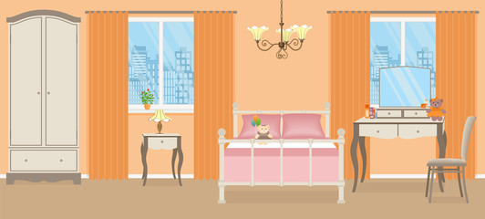Baby girl bedroom. Room interior with bed, table, wardrobe and two windows. Vector illustration. Kid nursery with furniture in orange colors.
