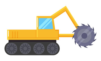 Excavator machine for coal mining industry. Yellow industrial truck used to digging and dredging earth. Mechanic actions in quarry of bulldozer or backhoe. Vector illustration of excavation in flat
