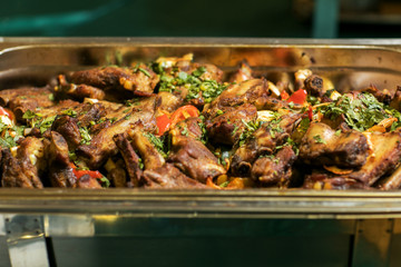 Grilled roasted lamb ribs with sauce. Barbeque food.