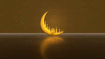 3D rendering, Ramadan Kareem with golden moon mosque on light shadow  gold color background. Design for greetings card, poster, banner, invitation.