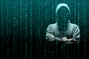 Anonymous computer hacker over abstract digital background. Obscured dark face in mask and hood....