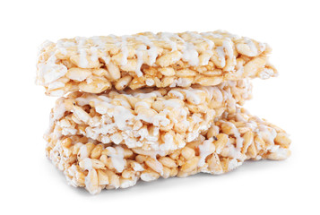 Delicious rice crispy treats on white background