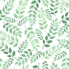 Seamless pattern of green leaves, foliage natural branches, herbs on white background. Floral wallpaper. Vector illustration.