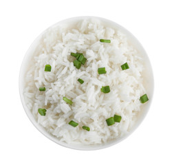 Bowl with cooked rice isolated on white, top view
