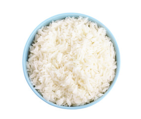 Bowl with cooked rice isolated on white, top view