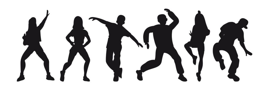 Silhouettes of women and men dancing modern dances: hip-hop, break dance. Vector graphic elements for the design of posters, invitations, banners for courses, schools, competitions, shows, parties