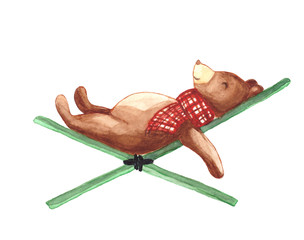 Watercolor painting of a brown sleeping bear in a green folding chair. Hand drawn illustration 