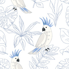 Tropical parrot birds, blue outline palm leaves, white  background. Vector seamless pattern. Jungle illustration. Exotic plants. Summer beach floral design. Paradise nature © ojardin