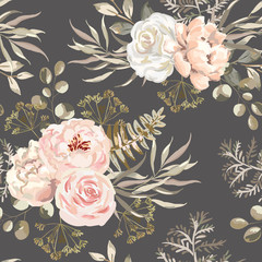 Blozen roze roos, pioenroos bloemen met beige bladeren boeketten, bruine achtergrond. Bloemen illustratie. Vector naadloos patroon. Botanische vormgeving. Natuur zomer planten. Romantisch huwelijk