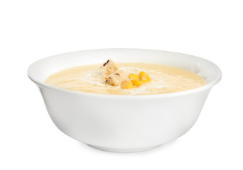 Delicious corn cream soup isolated on white