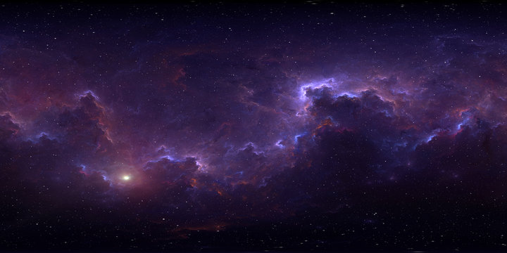 360 degree space background with nebula and stars, equirectangular projection, environment map. HDRI spherical panorama.