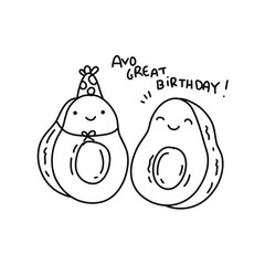 Vector of some handmade kawaii avocados, doodle style, to make birthday greeting cards or to paint.