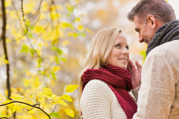 Fototapeta premium Portrait of Mature couple enjoying autumn while showing affection in park