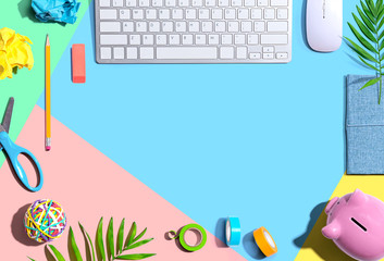 Office supplies with keyboard and mouse - flat lay