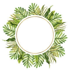 Watercolor hand drawn rainforest tropical leaves and flowers botanical illustration round frame isolated on white background