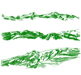 Fototapeta premium Vector green mountains sketches set isolated on white background, summer vacation, active recreation, adventure.