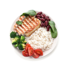 Tasty rice with beans and chicken meat isolated on white, top view