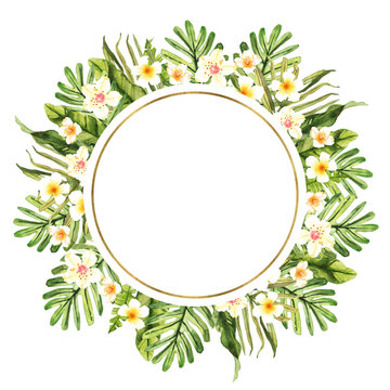 Watercolor hand drawn rainforest tropical leaves and flowers botanical illustration round frame isolated on white background