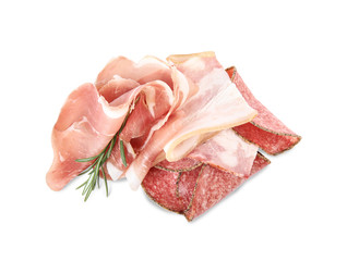 Delicious prosciutto and sausages on white background, top view