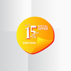Discount Label up to 15% of Special Offer, Shop Now Vector Template Design Illustration