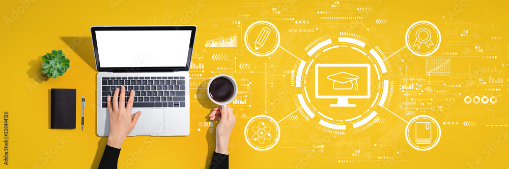 Poster e-learning concept with person using a laptop computer